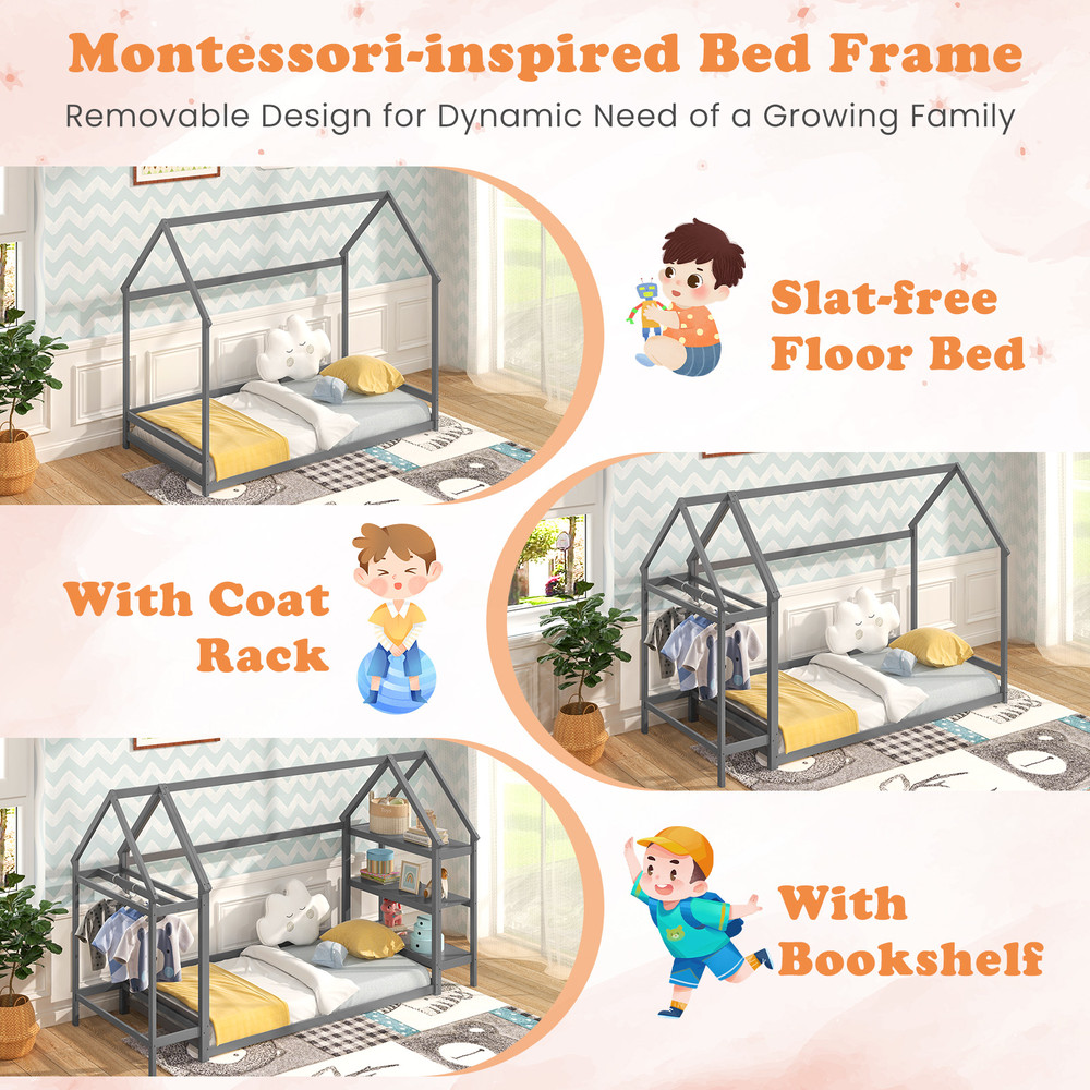 Twin Size Montessori Floor House Bed With Detachable Storage Shelves 6