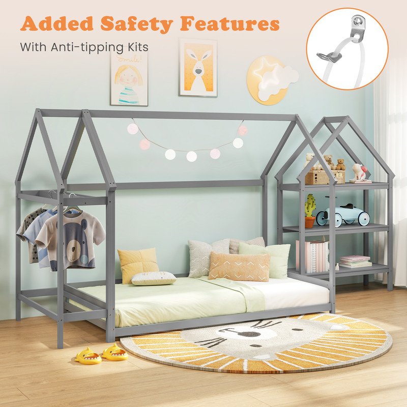 Twin Size Montessori Floor House Bed With Detachable Storage Shelves 7