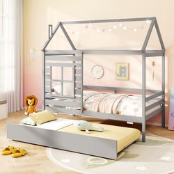 twin size wooden platform house bed with trundle and roof, space-saving kids bed