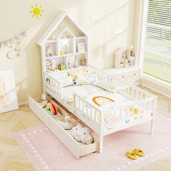 whimsical twin house bed for kids montessori bed with storage headboard & drawers