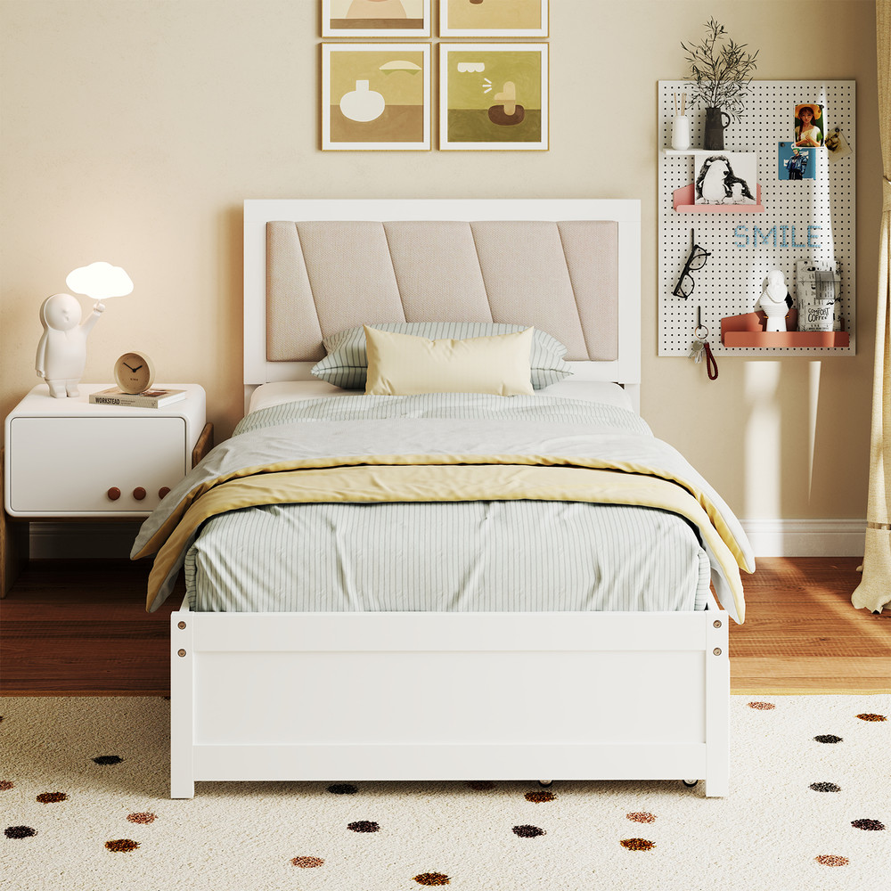 Organic Modern House Bed with Drawer Storage Durable Solid Wood Frame & Upholstered Headboard