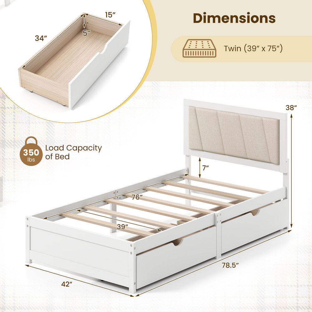 Organic Modern House Bed with Drawer Storage Durable Solid Wood Frame & Upholstered Headboard