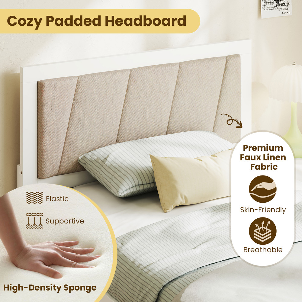 Organic Modern House Bed with Drawer Storage Durable Solid Wood Frame & Upholstered Headboard