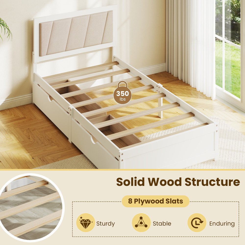 Organic Modern House Bed with Drawer Storage Durable Solid Wood Frame & Upholstered Headboard