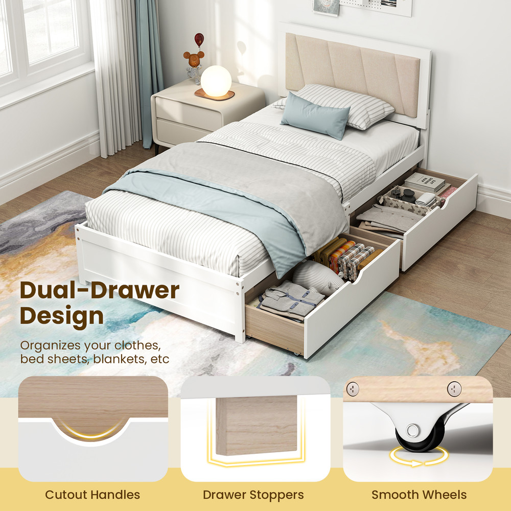 Organic Modern House Bed with Drawer Storage Durable Solid Wood Frame & Upholstered Headboard