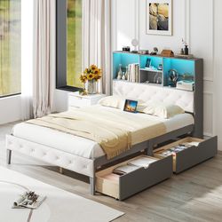 modern full-size bookcase bed frame with led lights & storage