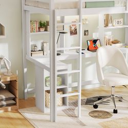 twin loft bed with led lights & built-in desk space-saving study bed