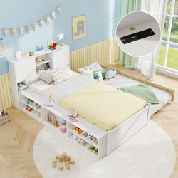 twin size bed frame with trundle & power outlets white, storage headboard & sturdy design