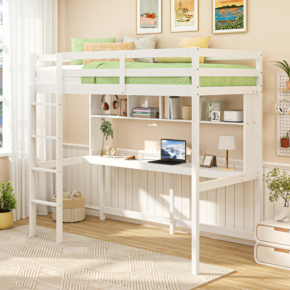 Twin Size Loft Bed with Desk & Shelves Space-Saving White Wooden Loft Bed for Home, Dorm, Apartment