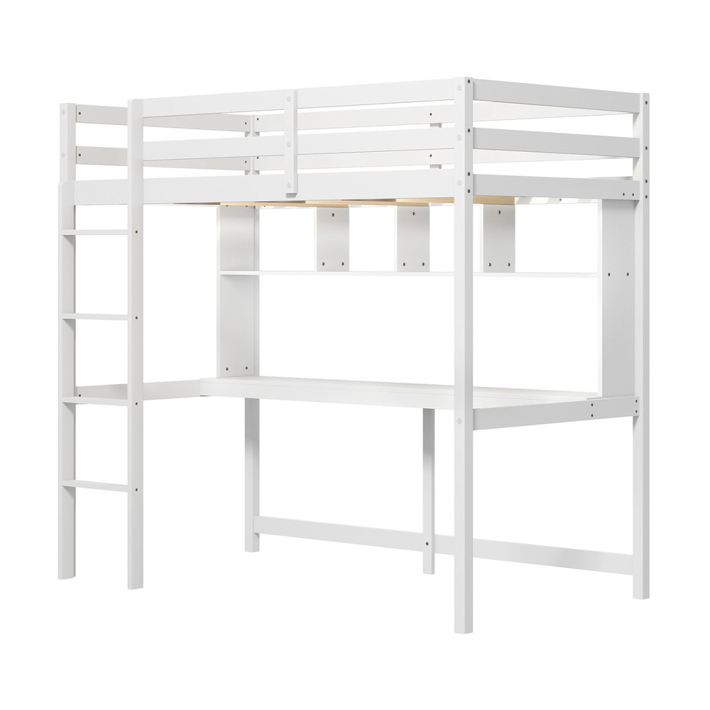 Twin Size Loft Bed with Desk & Shelves Space-Saving White Wooden Loft Bed for Home, Dorm, Apartment