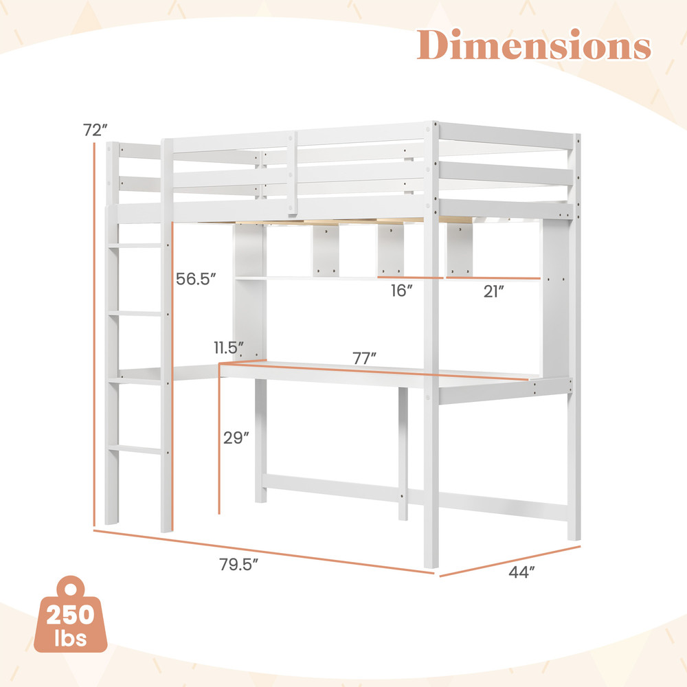 Twin Size Loft Bed with Desk & Shelves Space-Saving White Wooden Loft Bed for Home, Dorm, Apartment