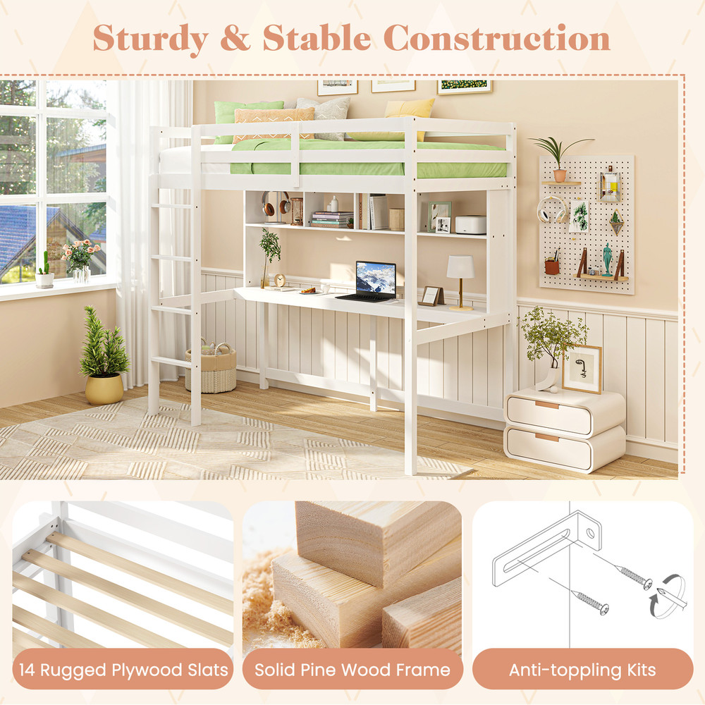 Twin Size Loft Bed with Desk & Shelves Space-Saving White Wooden Loft Bed for Home, Dorm, Apartment