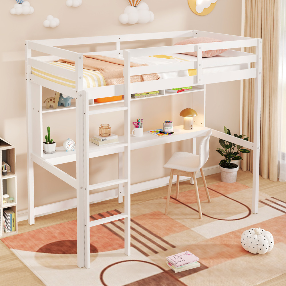 Twin Size Loft Bed with Desk & Shelves Space-Saving White Wooden Loft Bed for Home, Dorm, Apartment