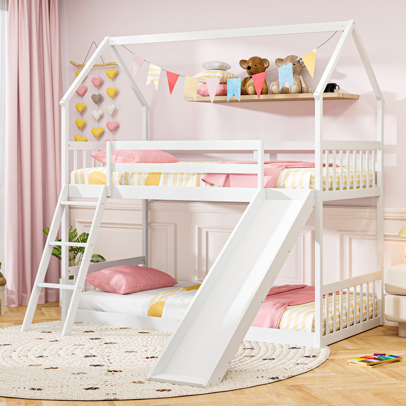Twin Over Twin House Bunk Bed with Slide & Ladder Fun & Safe Kids Bed (White)