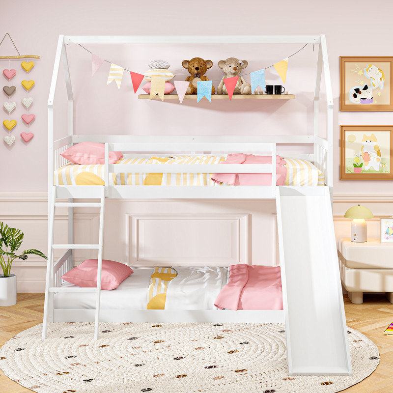 Twin Over Twin House Bunk Bed with Slide & Ladder Fun & Safe Kids Bed (White)