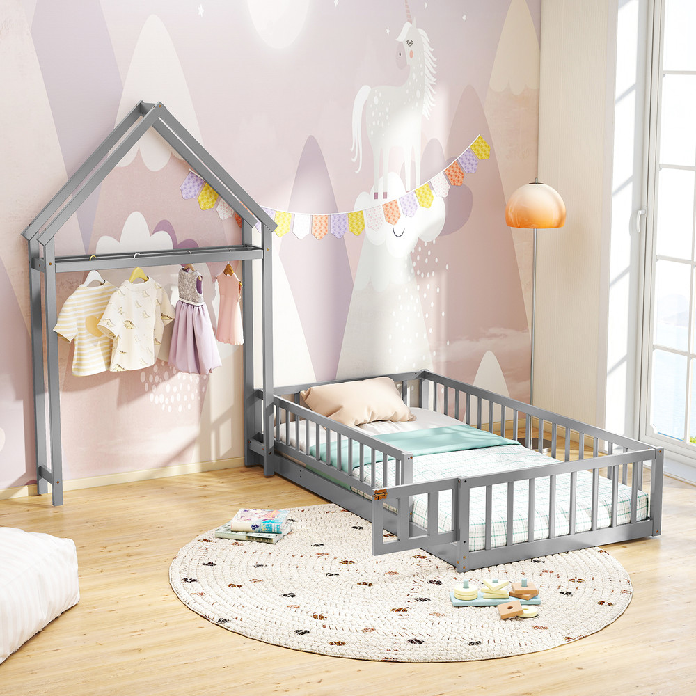 Twin Size House Floor Bed with House-Shaped Headboard Gray Montessori Kids Bed