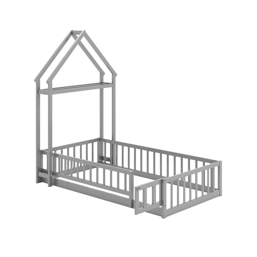 Twin Size House Floor Bed with House-Shaped Headboard Gray Montessori Kids Bed