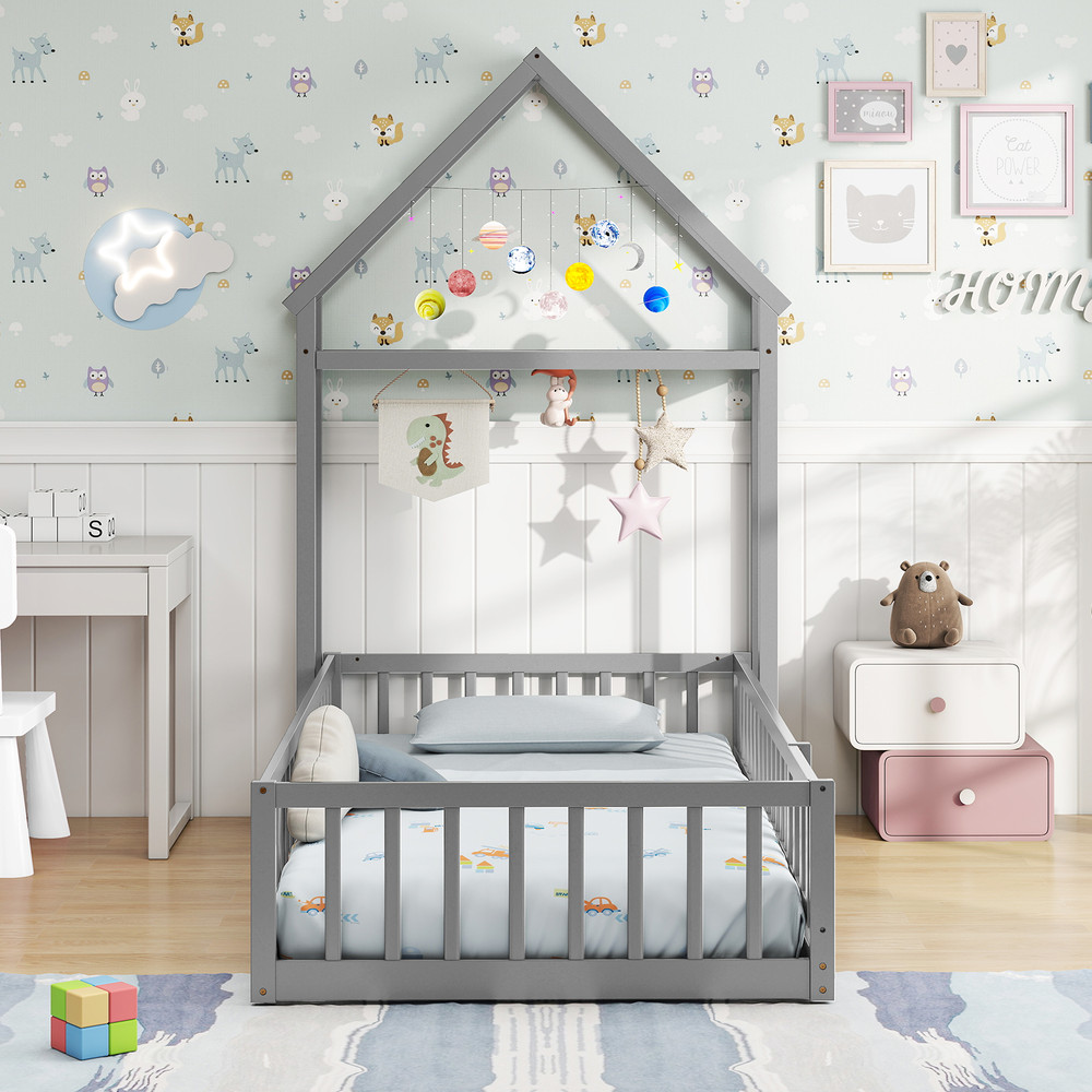 Twin Size House Floor Bed with House-Shaped Headboard Gray Montessori Kids Bed