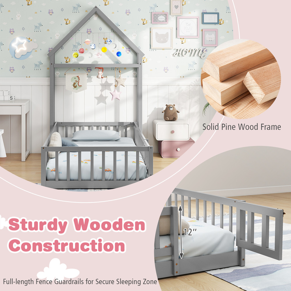 Twin Size House Floor Bed with House-Shaped Headboard Gray Montessori Kids Bed