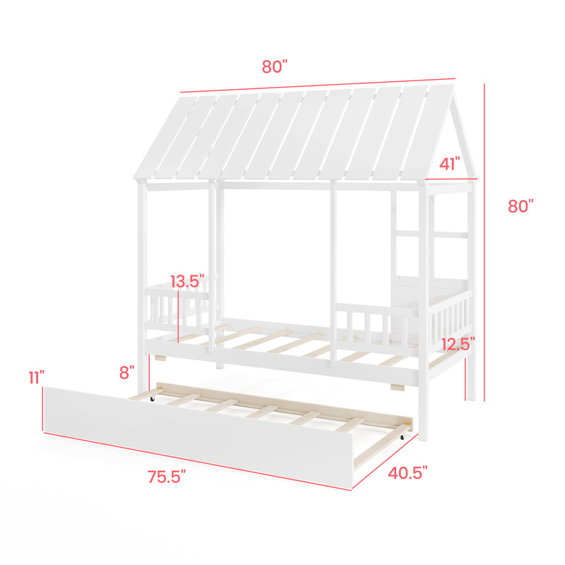 Twin Size House Bed with Trundle Kids Platform Bed with Roof Window