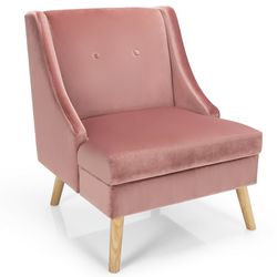 pink velvet wing back accent chair with swoop arms and rubber wood legs, modern upholstered armchair for living room