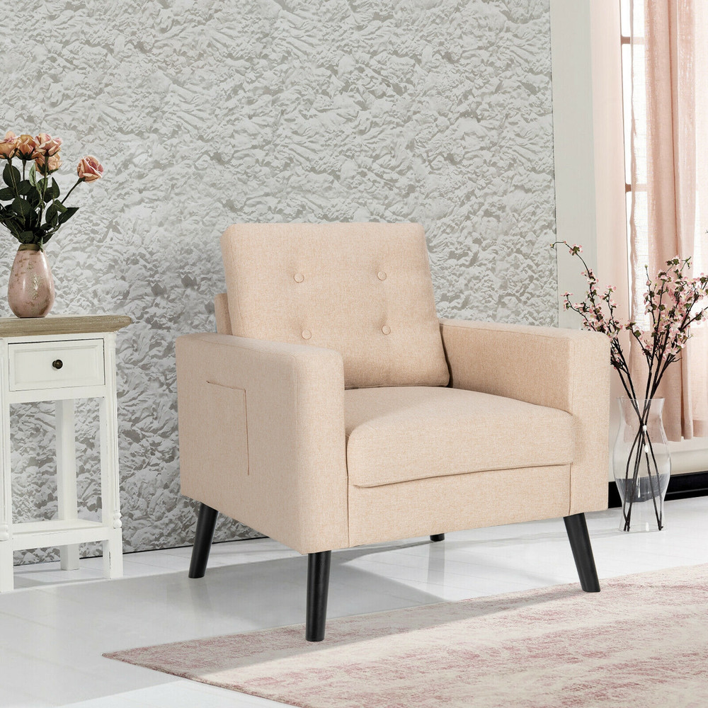 MidCentury Upholstered Armchair Club Chair With Rubber Wood Legs In Beige Comfortable  Durable Acce 1