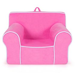 soft pink velvet upholstered kids sofa with high-quality sponge, comfortable & safe toddler couch for reading, playing