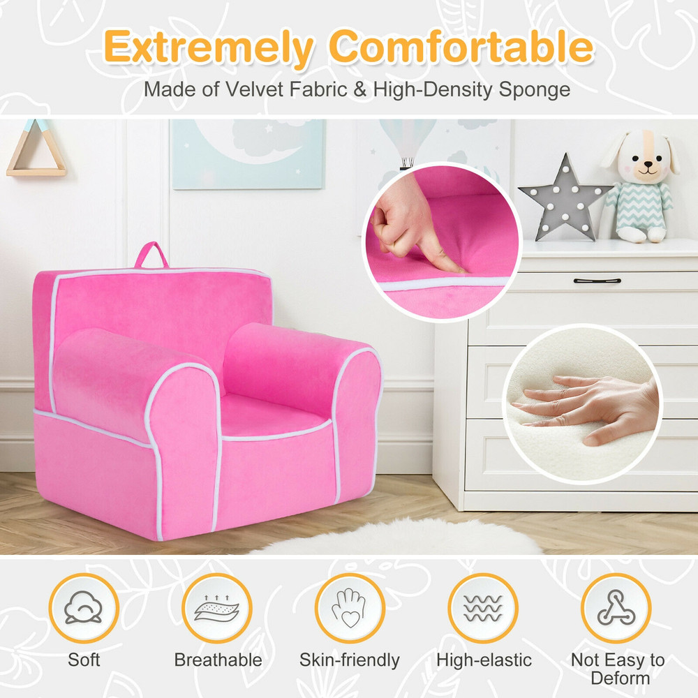 Soft Pink Velvet Upholstered Kids Sofa With HighQuality Sponge Comfortable Safe Toddler Couch For 3