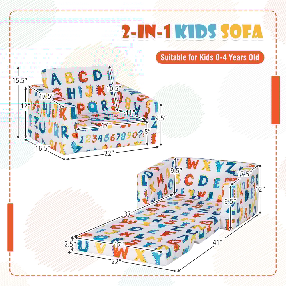 Multicolor 2in1 Convertible Kids Sofa Chair Velvet Toddler Couch Sleeper With Armrests Storage And 7