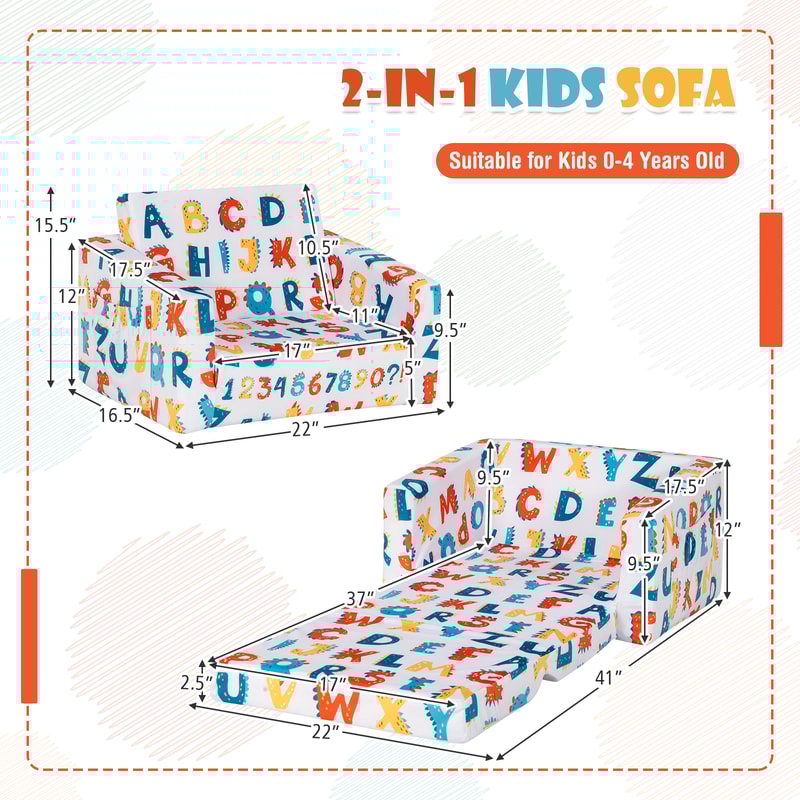 Multicolor 2in1 Convertible Kids Sofa Chair Velvet Toddler Couch Sleeper With Armrests Storage And 7