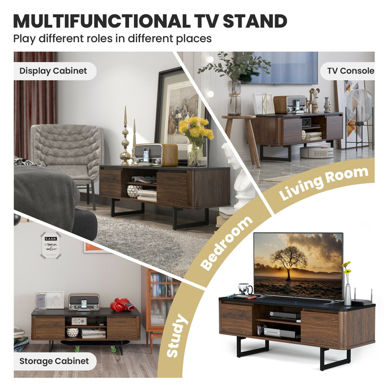 Wooden TV Stand with 2-Door Storage Cabinets, Holds TVs Up to 55 Inches