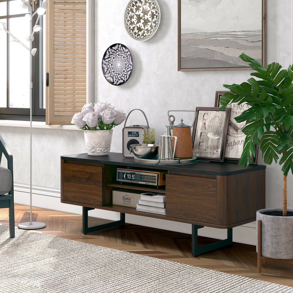 Wooden TV Stand with 2-Door Storage Cabinets, Holds TVs Up to 55 Inches