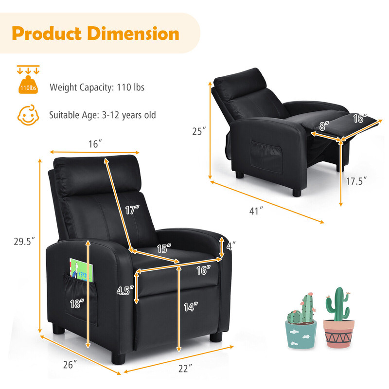 Ergonomic PU Leather Kids Recliner Lounge Sofa for Ages 3-12, Comfortable & Durable