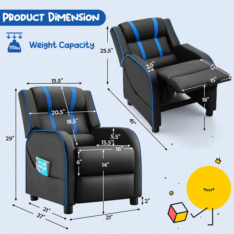 Soft Kids Recliner Chair With Storage Pockets  Foldable Footrest Comfortable Seating 3