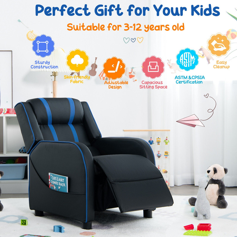 Soft Kids Recliner Chair With Storage Pockets  Foldable Footrest Comfortable Seating 2