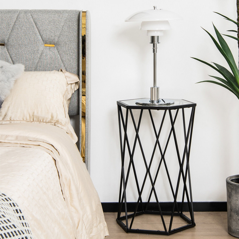 Hexagonal Accent End Table with Tempered Glass Top and Sturdy Metal Frame, Modern Small Side Table for Living Room