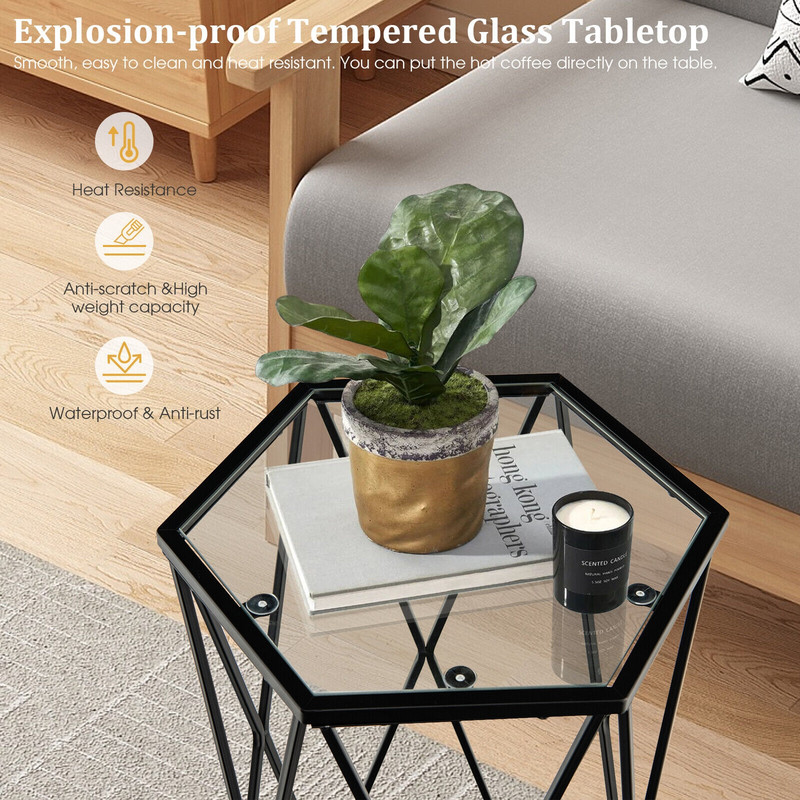 Hexagonal Accent End Table with Tempered Glass Top and Sturdy Metal Frame, Modern Small Side Table for Living Room