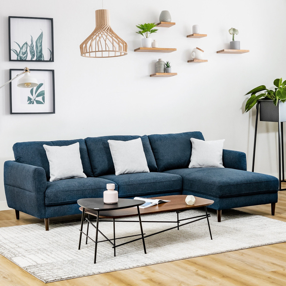 Modern Navy LShaped Fabric Sectional Sofa With Chaise Lounge And Solid Wood Legs Comfortable 3Seate 1