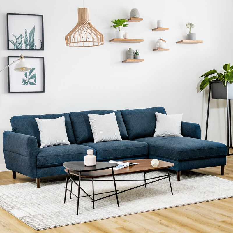 Modern Navy LShaped Fabric Sectional Sofa With Chaise Lounge And Solid Wood Legs Comfortable 3Seate 1