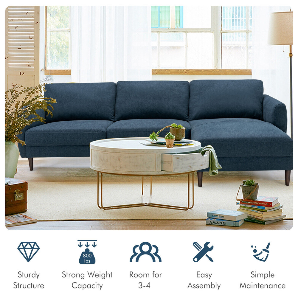 Modern Navy LShaped Fabric Sectional Sofa With Chaise Lounge And Solid Wood Legs Comfortable 3Seate 2