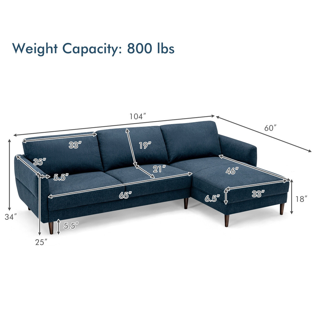 Modern Navy LShaped Fabric Sectional Sofa With Chaise Lounge And Solid Wood Legs Comfortable 3Seate 6