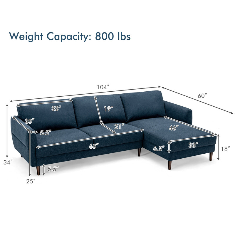 Modern Navy LShaped Fabric Sectional Sofa With Chaise Lounge And Solid Wood Legs Comfortable 3Seate 6