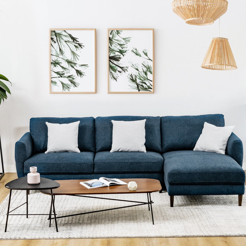 Modern Navy LShaped Fabric Sectional Sofa With Chaise Lounge And Solid Wood Legs Comfortable 3Seate 5