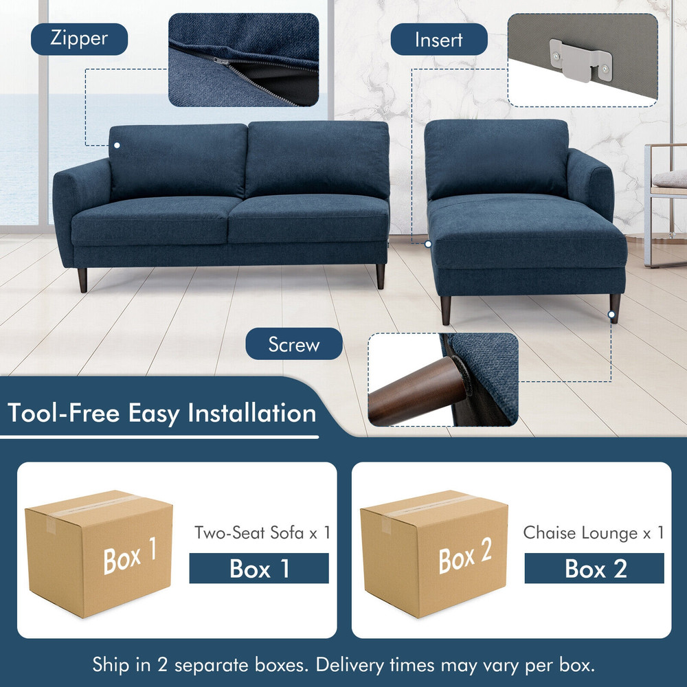 Modern Navy LShaped Fabric Sectional Sofa With Chaise Lounge And Solid Wood Legs Comfortable 3Seate 3