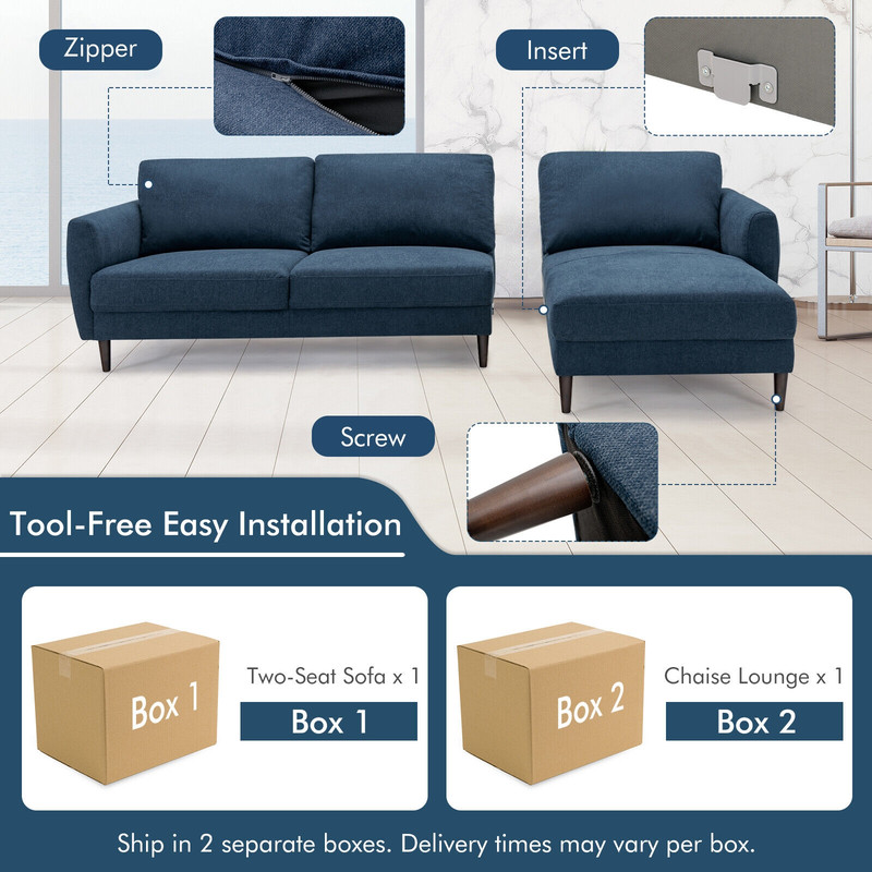 Modern Navy LShaped Fabric Sectional Sofa With Chaise Lounge And Solid Wood Legs Comfortable 3Seate 3