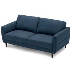 modern small fabric loveseat sofa couch with wood legs, compact upholstered 2-seater for bedroom, condo & small spaces