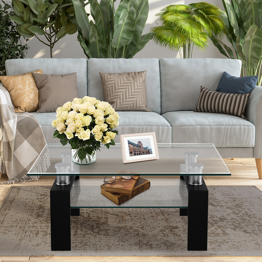 Modern Rectangle Glass Coffee Table With Metal Legs Black Tempered Glass Center Table For Living Ro 1