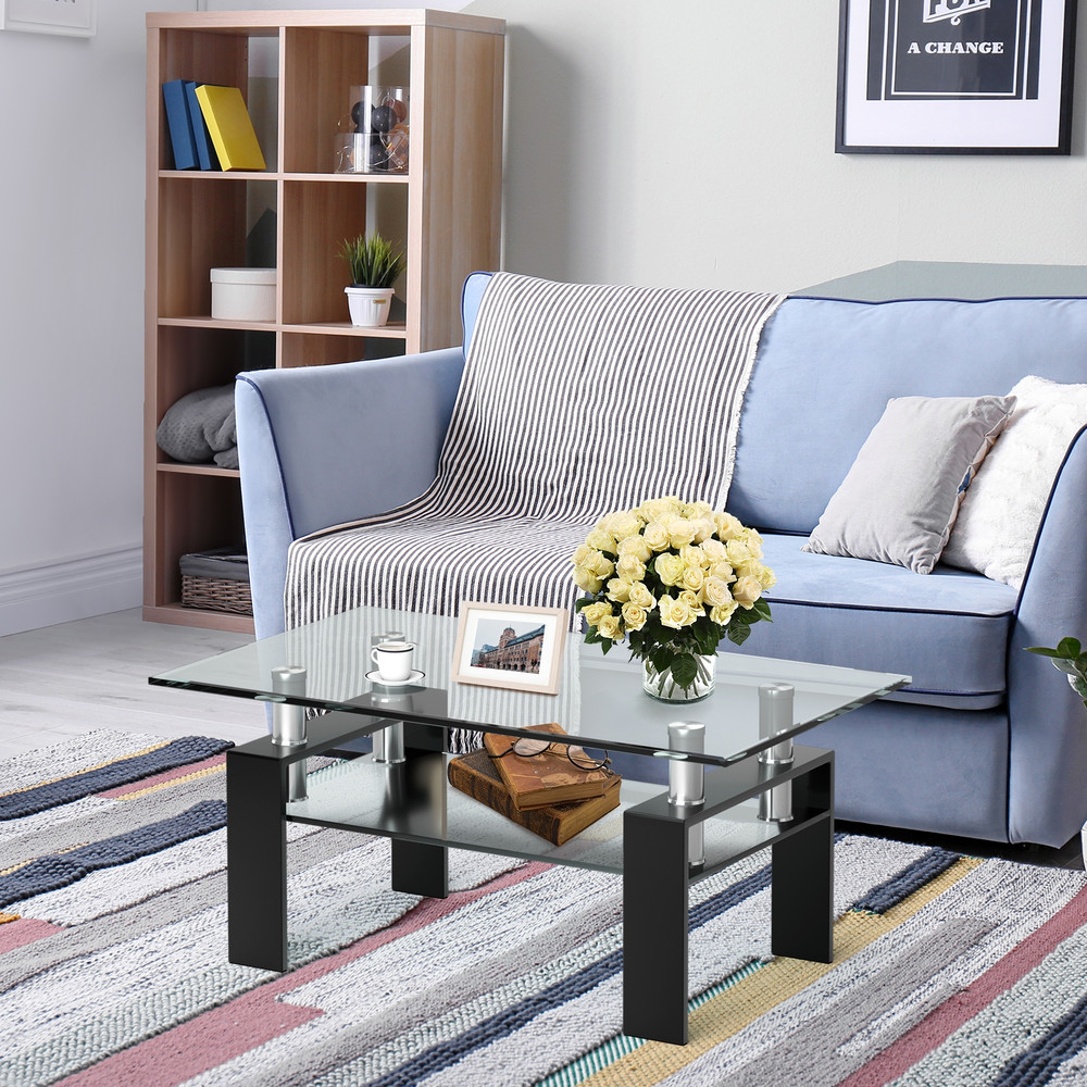 Modern Rectangle Glass Coffee Table With Metal Legs Black Tempered Glass Center Table For Living Ro 6