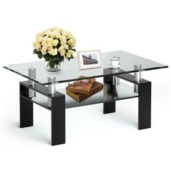 modern rectangle glass coffee table with metal legs, black tempered glass center table for living room, office