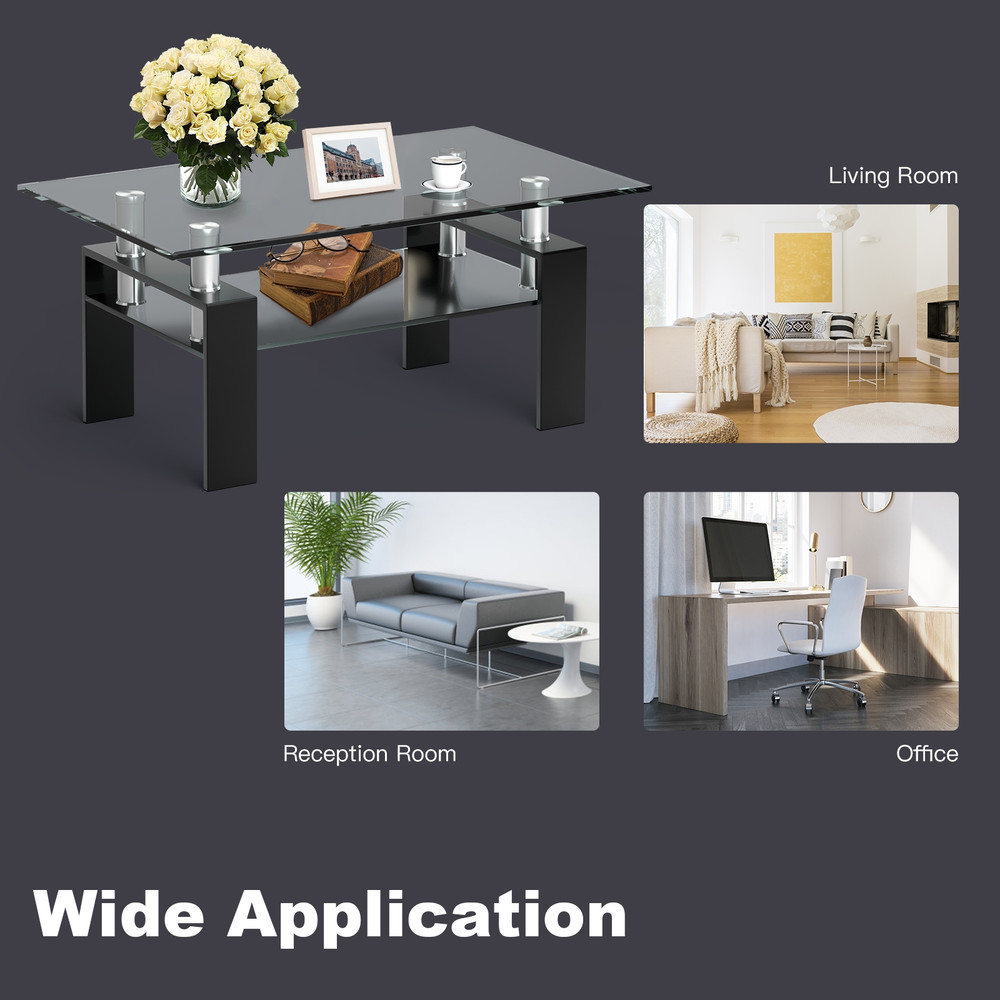 Modern Rectangle Glass Coffee Table With Metal Legs Black Tempered Glass Center Table For Living Ro 3